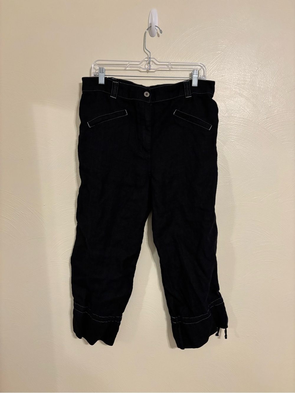 Chico’s Size 2 Black Linen Crop Pants Contrast Stitch Drawstring Hem